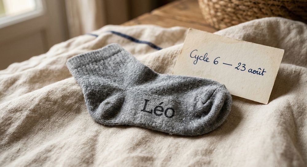 La chaussette grise marquée « Léo » à la sortie de la machine, une carte manuscrite « Cycle 6 — 23 août » posée dans le cadre.