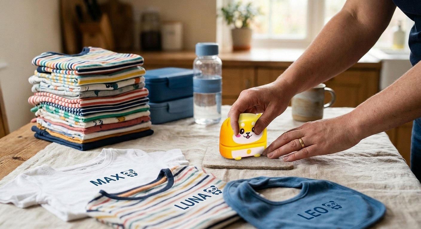 Sur une table de cuisine : une pile de vêtements pliés, une gourde et une boîte à goûter, une main qui tamponne une chaussette, trois affaires déjà marquées posées devant.