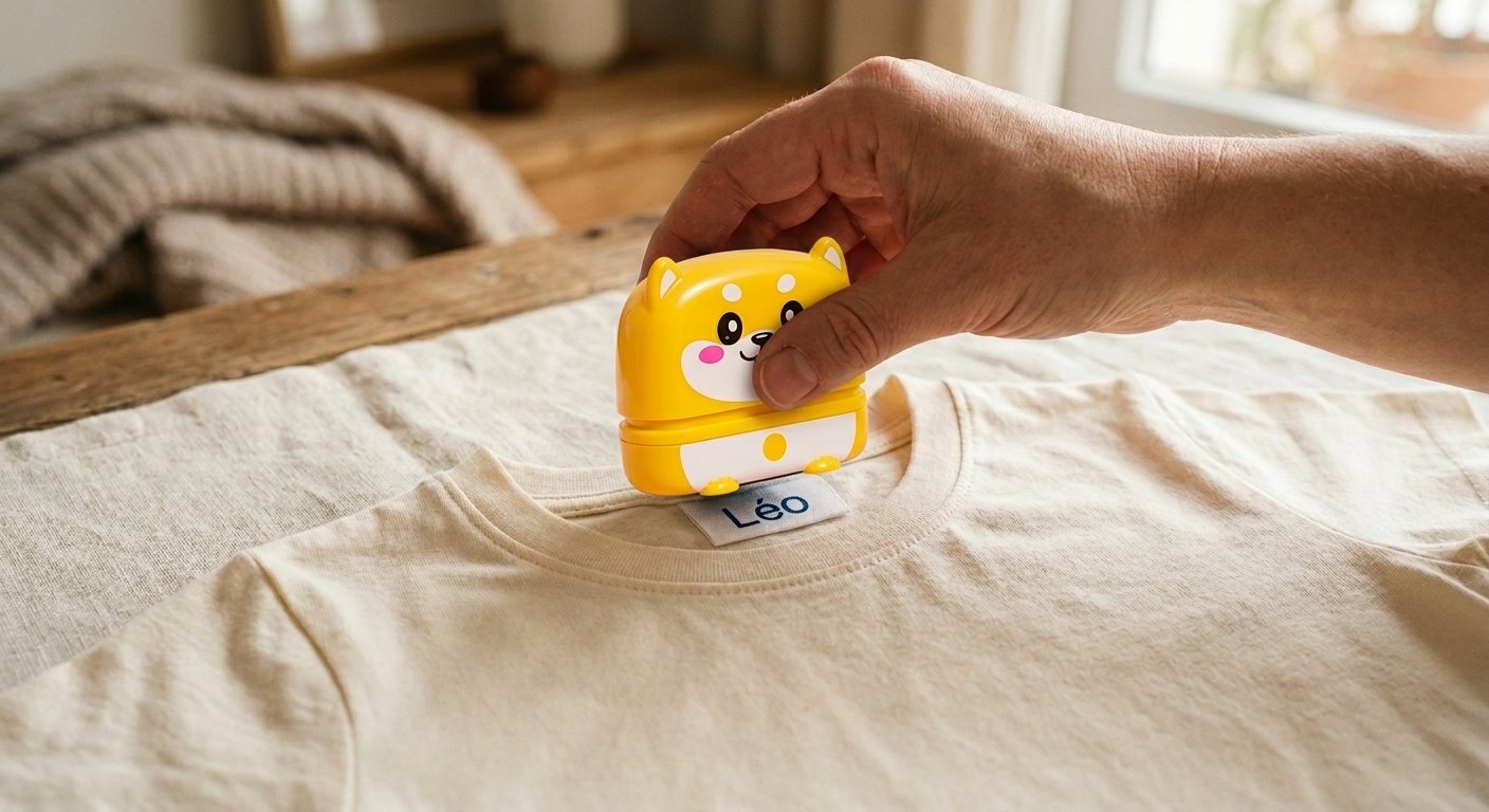 Une main d’adulte appuie le tampon sur l’étiquette de col d’un t-shirt crème ; le prénom « Léo » vient d’être imprimé en bleu foncé.