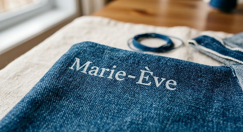 Le prénom « Marie-Ève » à l'encre claire sur un jean brut, trame visible.