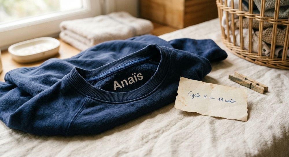 Le sweat marine marqué « Anaïs » à la sortie de la machine, une carte manuscrite « Cycle 5 — 19 août » posée dans le cadre.