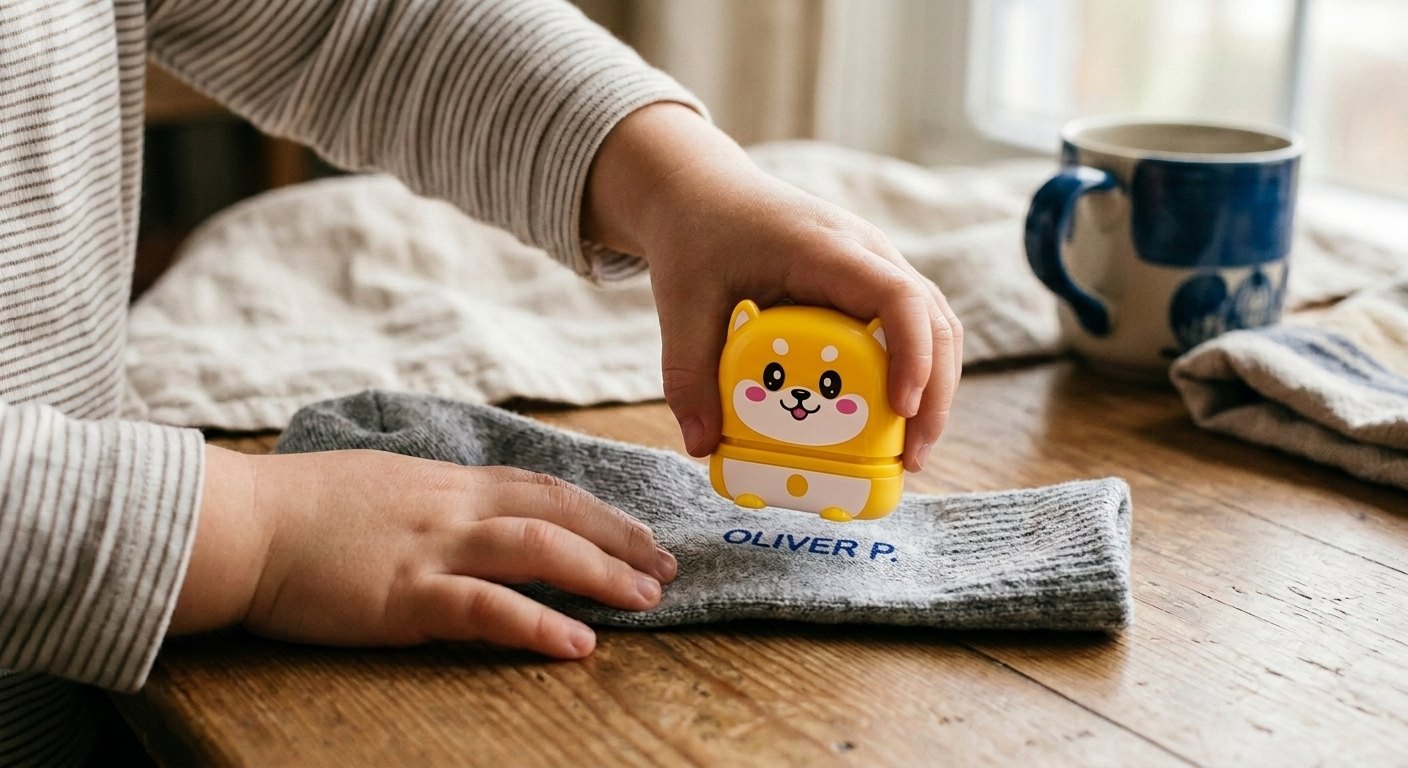 Des mains d'enfant appuient le tampon sur une chaussette — cadrées aux poignets, aucun visage.